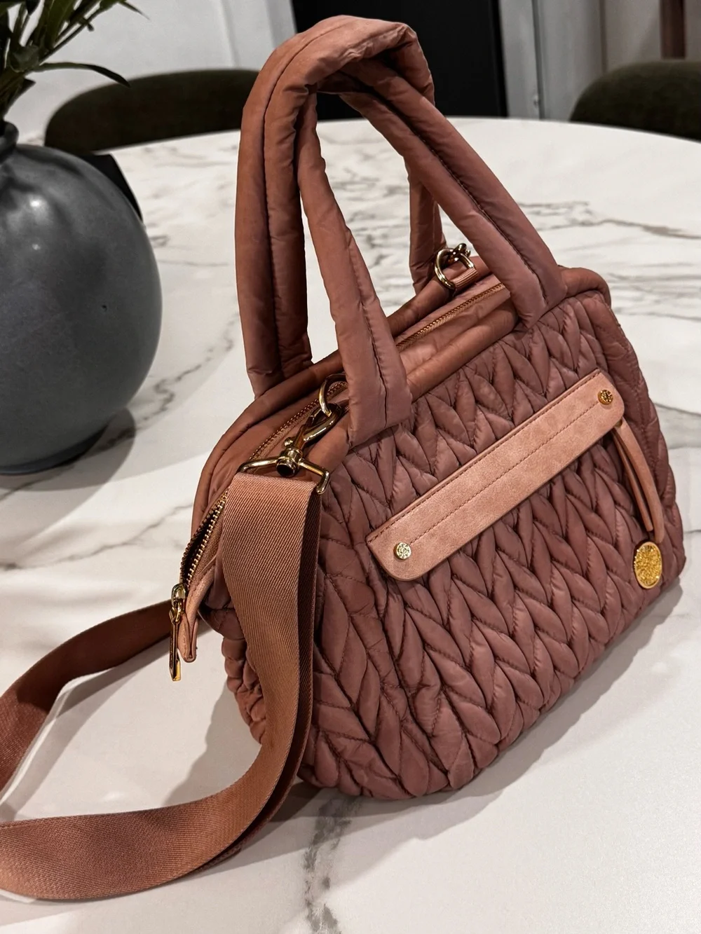 Quilted Braided Shoulder Satchel in Dusty Rose
